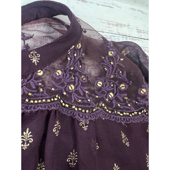 Bila Top Women XXL Burgundy Sheer Popover V Neck Long Sleeve Beaded Embroidered - Picture 8 of 14